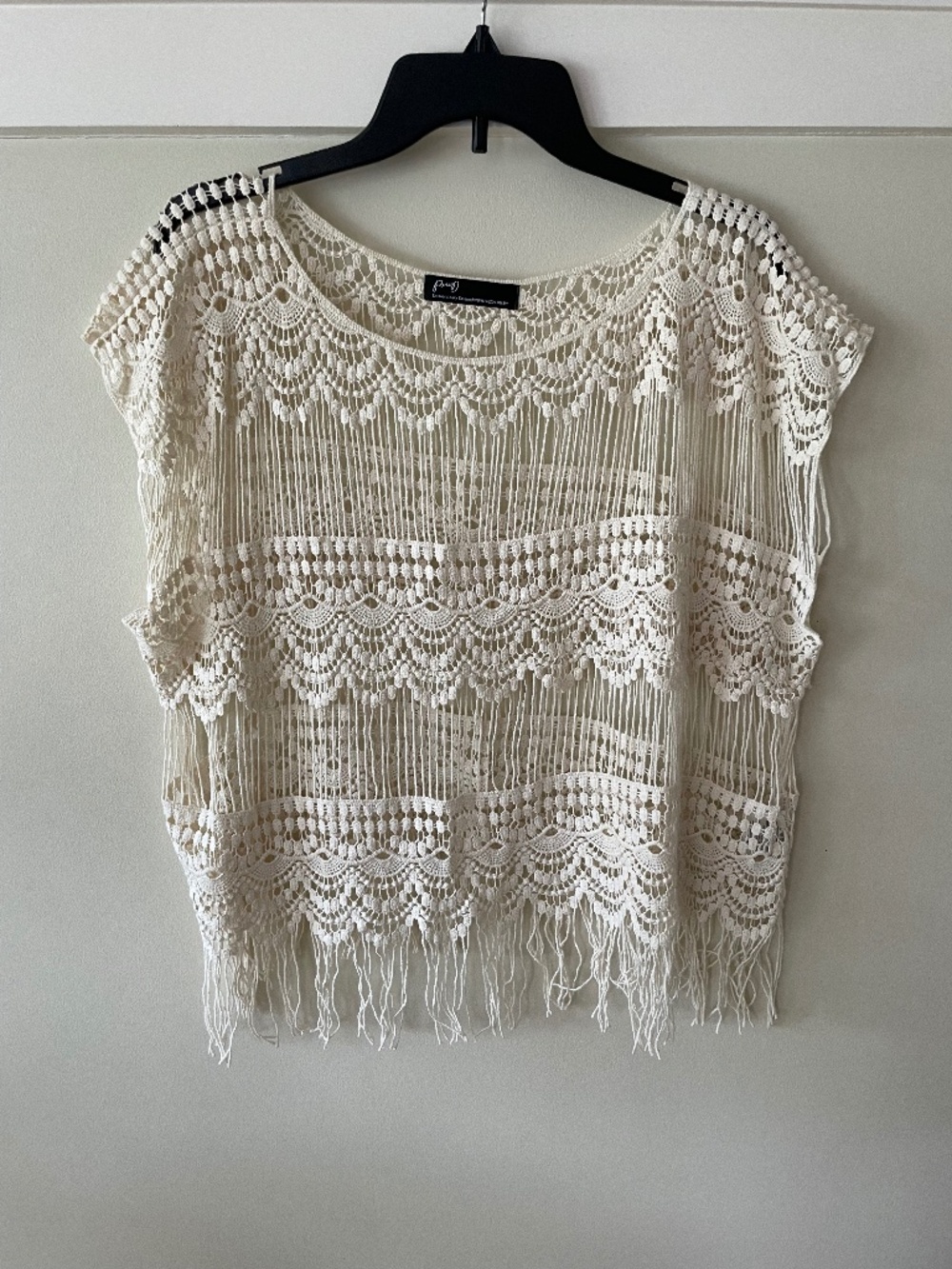PAZZO Cream Open Knit Crochet Fringe Top